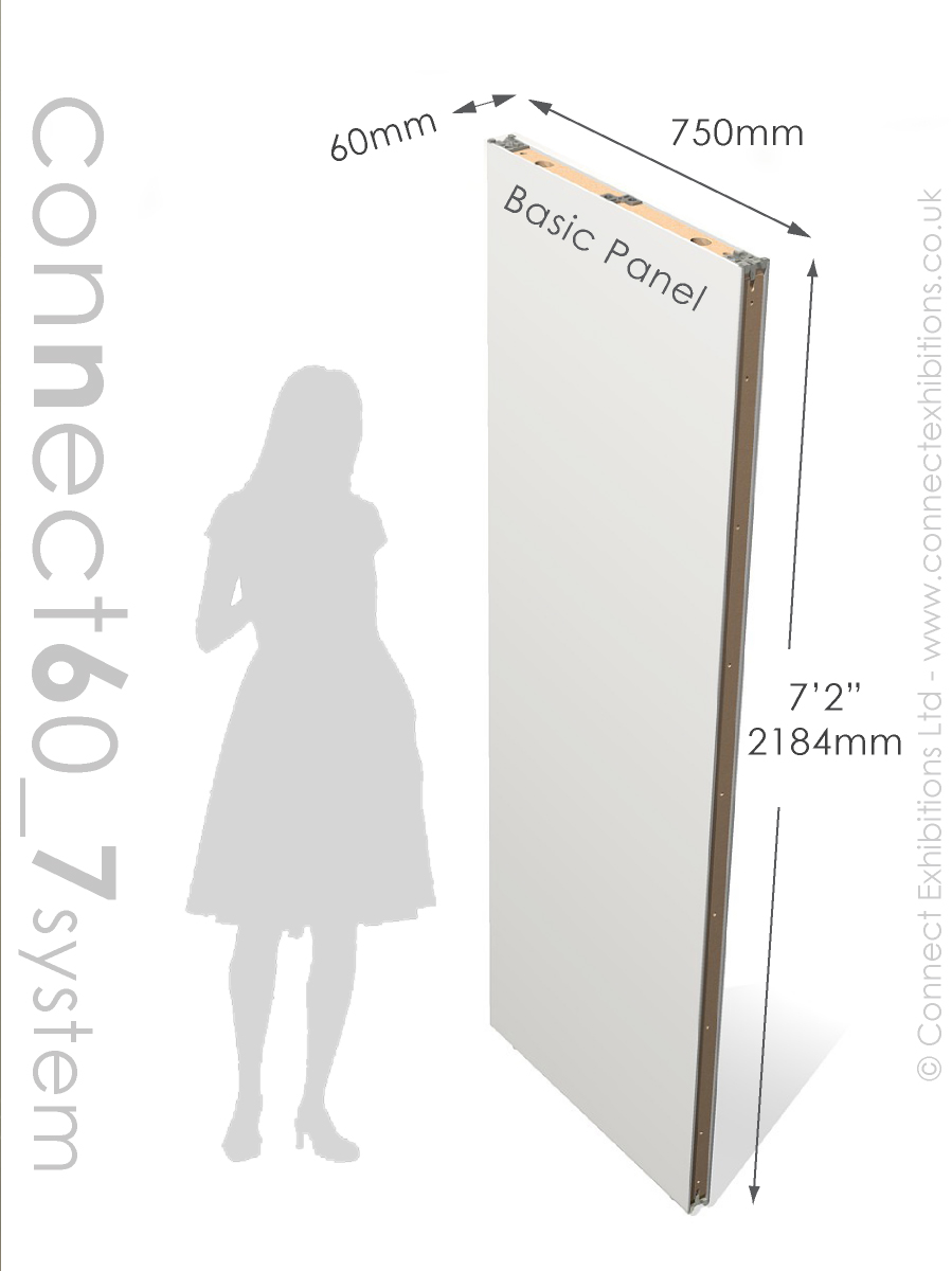 connect 7 Exhibition Wall System, panel dimensions image, 2184mm height, 750mm wide, 60mm thick. Used by: School and Colleges. Part Number: Connect60_7, Connect60, 7 foot.