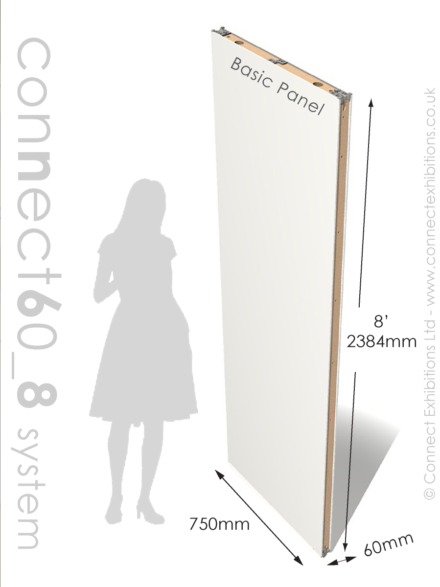connect 8 Exhibition Walling System, panel dimensions image, 2438mm height, 750mm wide, 60mm thick. Used by: Galleries and Museums.  Part Number: Connect60_8, Connect60, 8 foot.