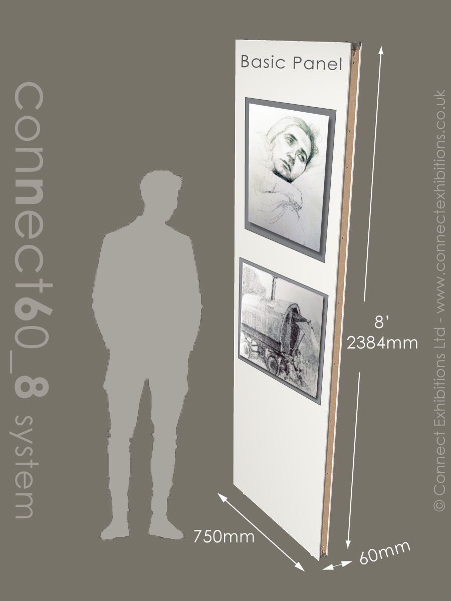 connect_8 Exhibition Walling System, panel dimensions image, 2438mm height, 750mm wide, 60mm thick. Used by: Galleries and Museums.  Part Number: Connect60_8, Connect60, 8 foot.